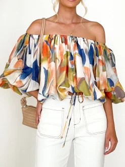 Boat Neck Vacation Loose Floral Print Shirt