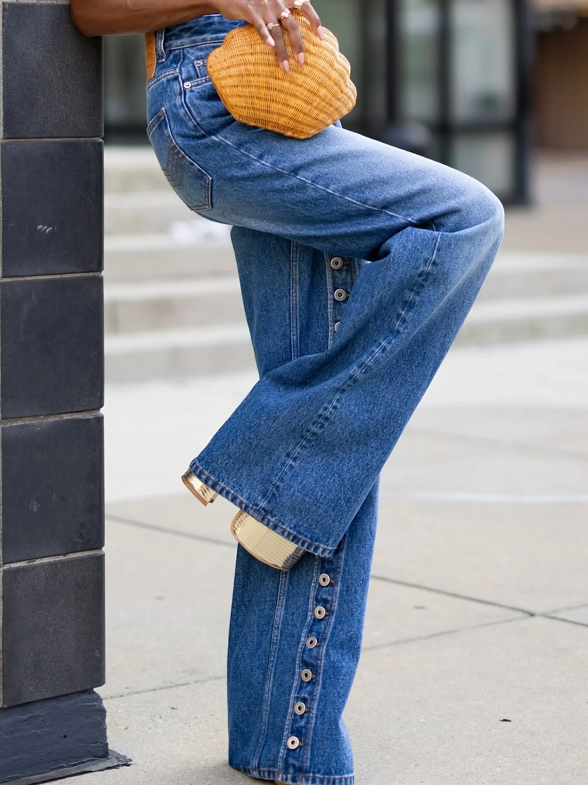 Buckle Detail Straight-Leg Denim Jeans