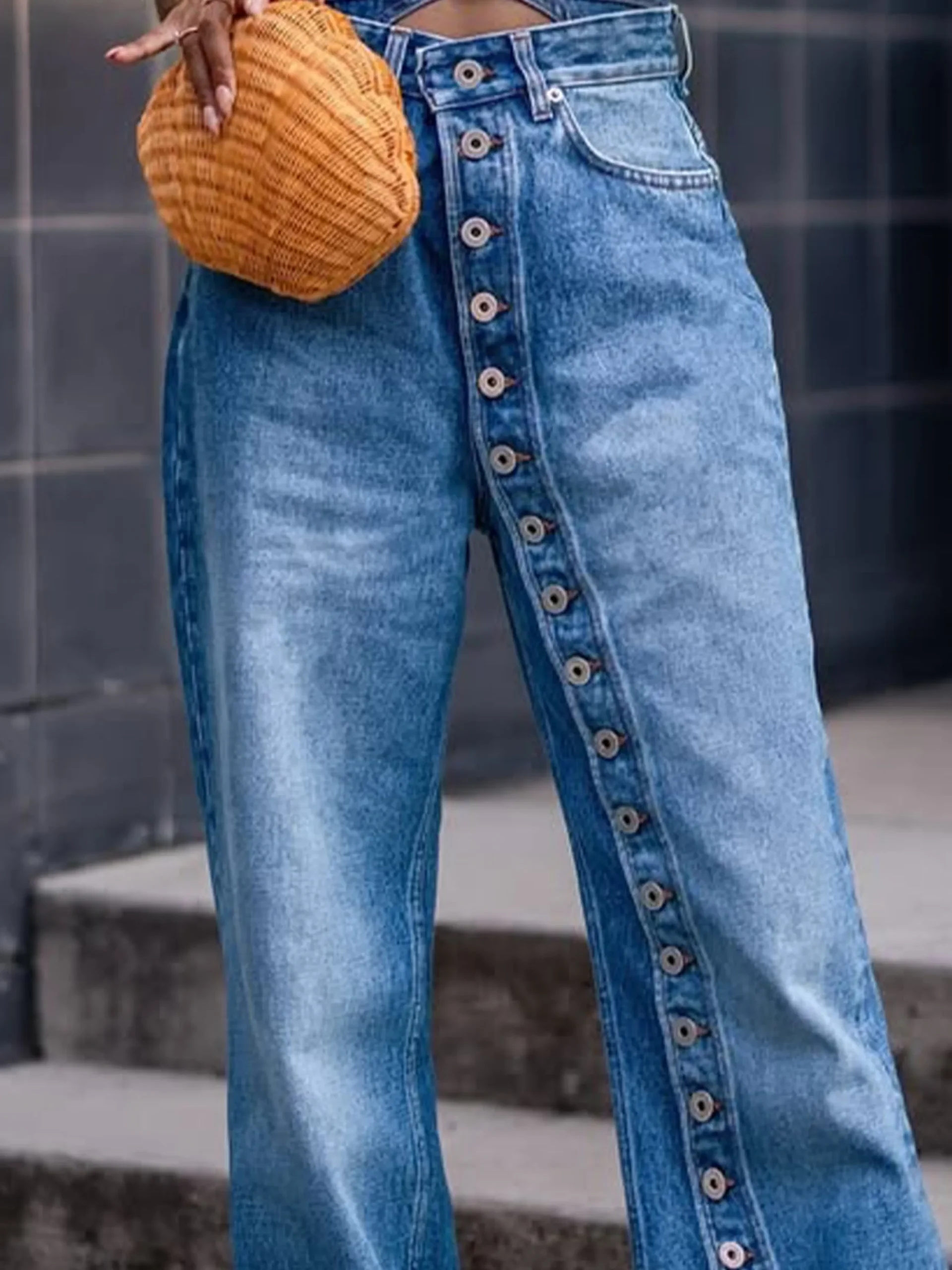 Buckle Detail Straight-Leg Denim Jeans