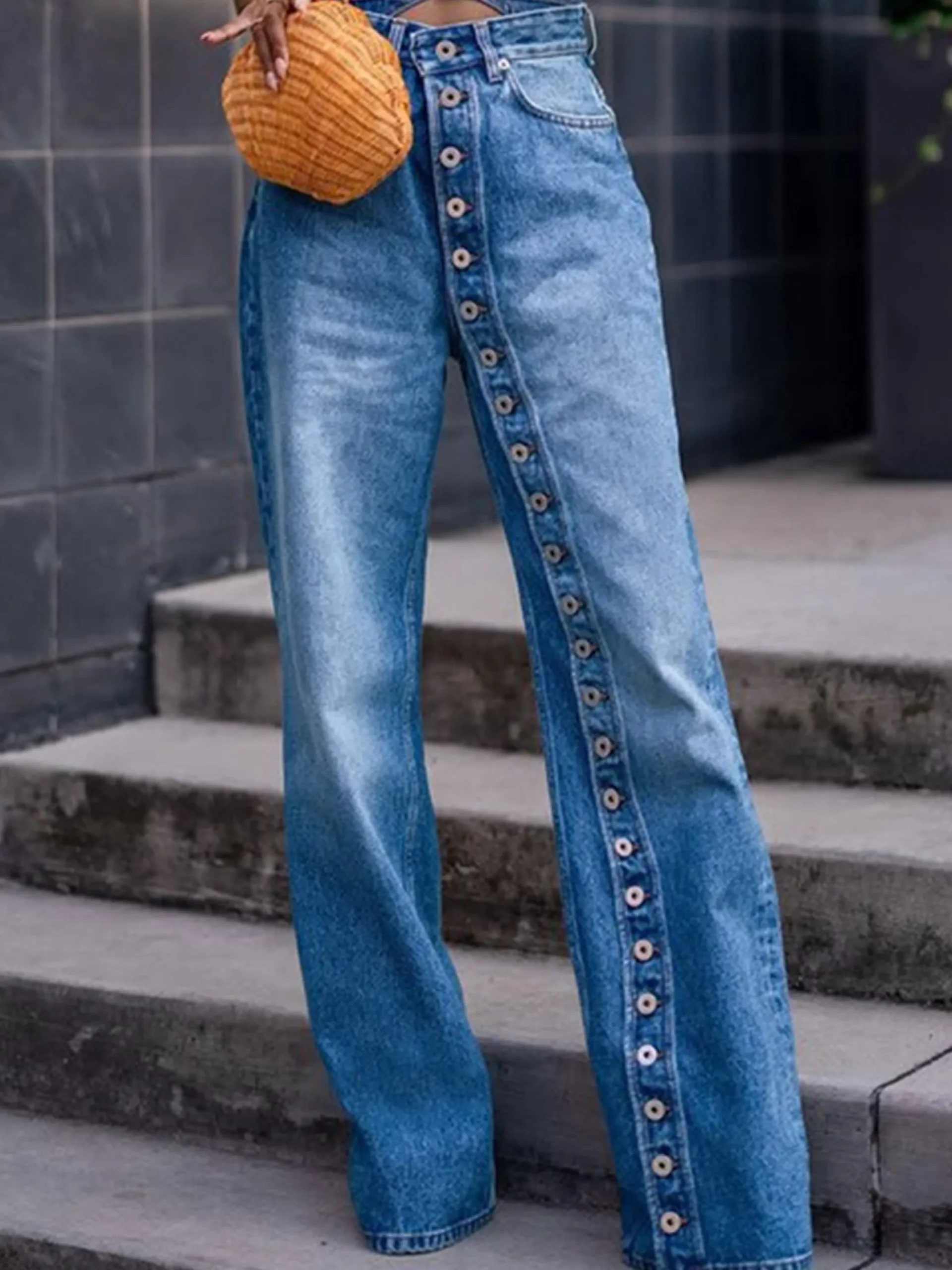 Buckle Detail Straight-Leg Denim Jeans
