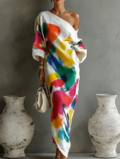 Casual Abstract Print H-Line Asymmetrical Maxi Dress With Belt