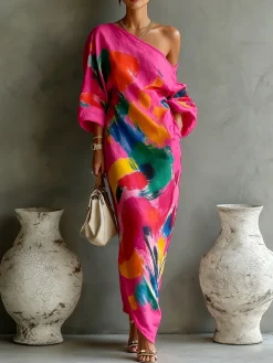 Casual Abstract Print H-Line Asymmetrical Maxi Dress With Belt