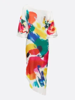 Casual Abstract Print H-Line Asymmetrical Maxi Dress With Belt