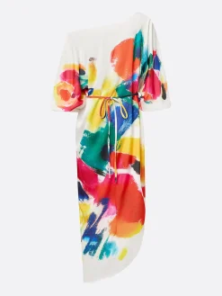 Casual Abstract Print H-Line Asymmetrical Maxi Dress With Belt
