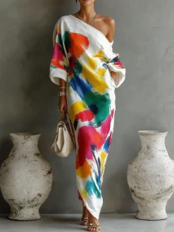 Casual Abstract Print H-Line Asymmetrical Maxi Dress With Belt