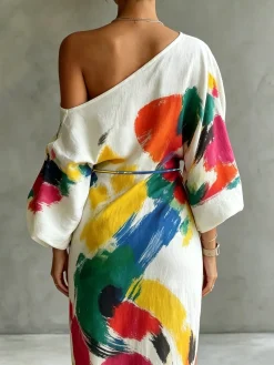 Casual Abstract Print H-Line Asymmetrical Maxi Dress With Belt
