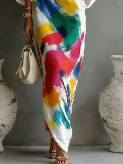 Casual Abstract Print H-Line Asymmetrical Maxi Dress With Belt