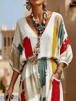 Casual Abstract Printing V Neck Blouse