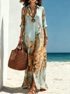 Casual Abstract Print Relaxed Maxi Shirt Dress