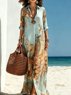 Casual Abstract Print Relaxed Maxi Shirt Dress