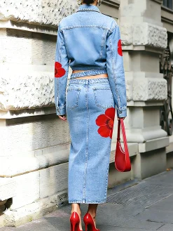 Casual Buttoned Floral Lapel Collar Denim Coat