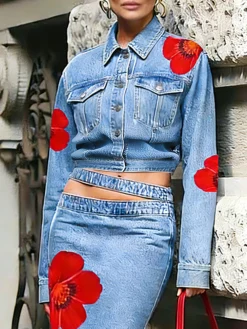 Casual Buttoned Floral Lapel Collar Denim Coat