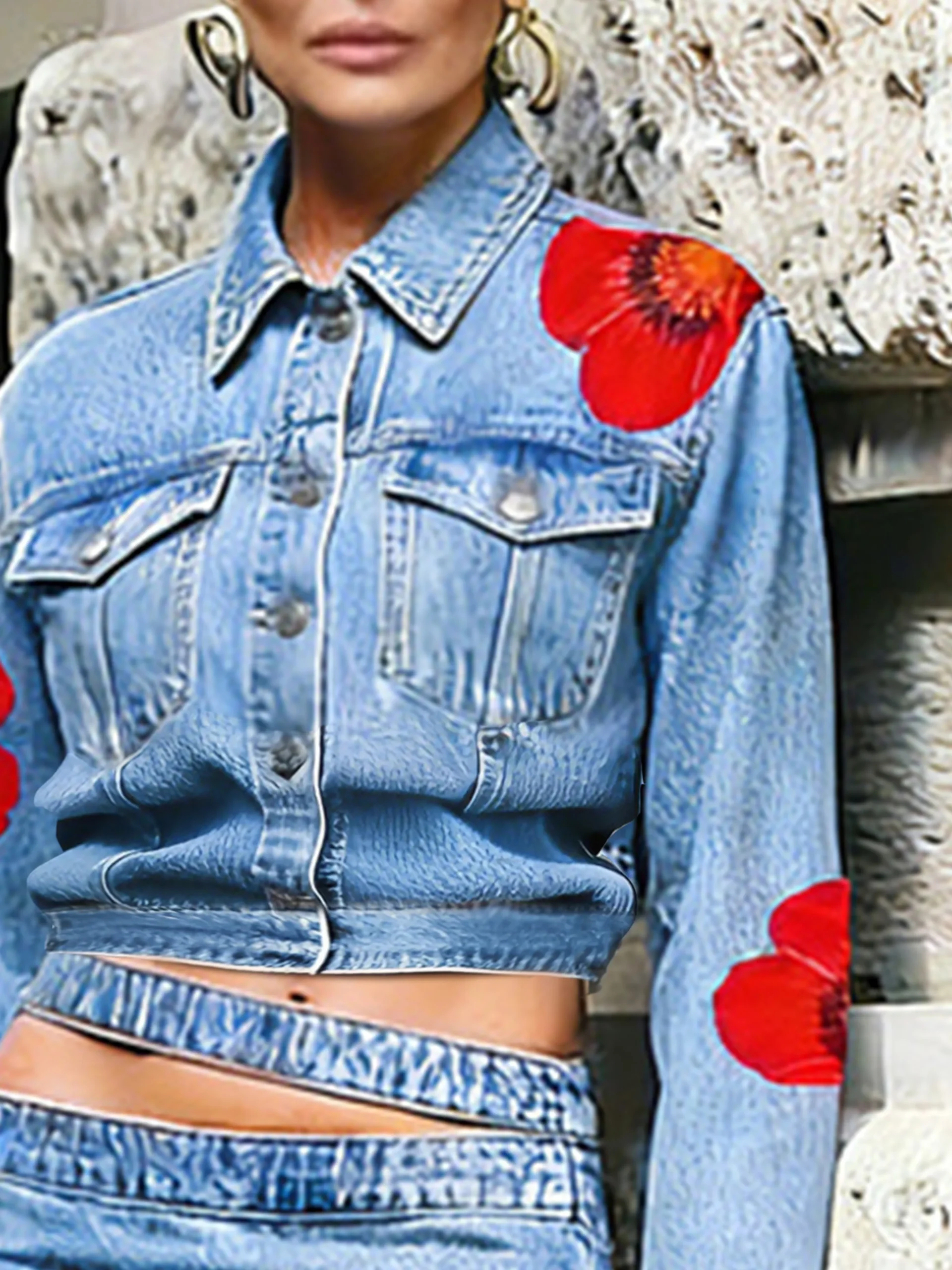 Casual Buttoned Floral Lapel Collar Denim Coat