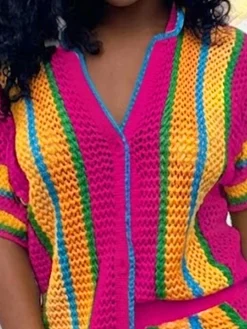 Casual Color Block Buttoned Shawl Collar Knit Top