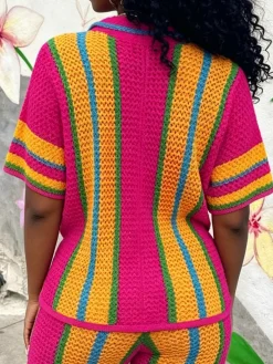 Casual Color Block Buttoned Shawl Collar Knit Top