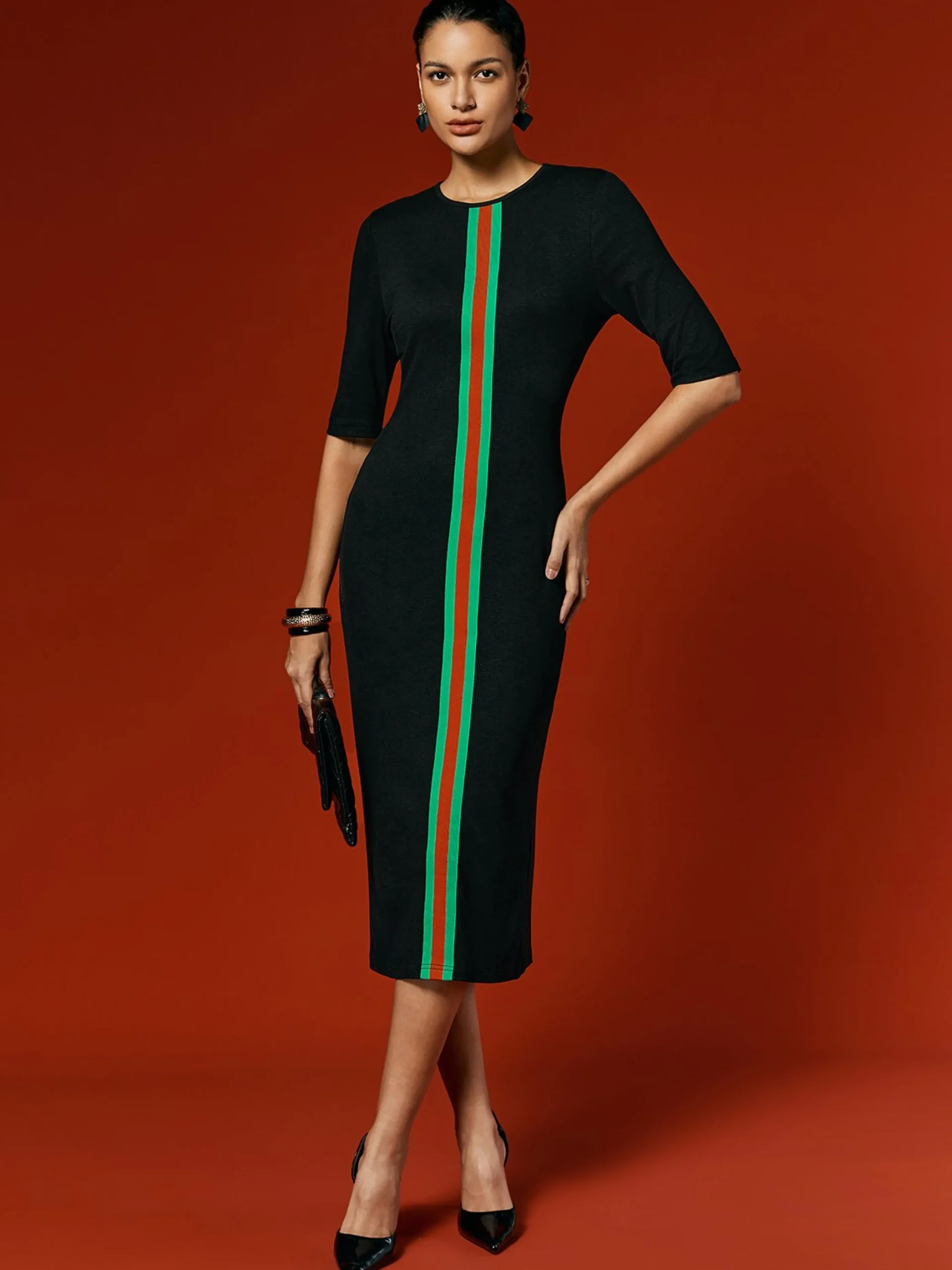 Casual Color Block Classic Tight Crew Neck Bodycon Dress