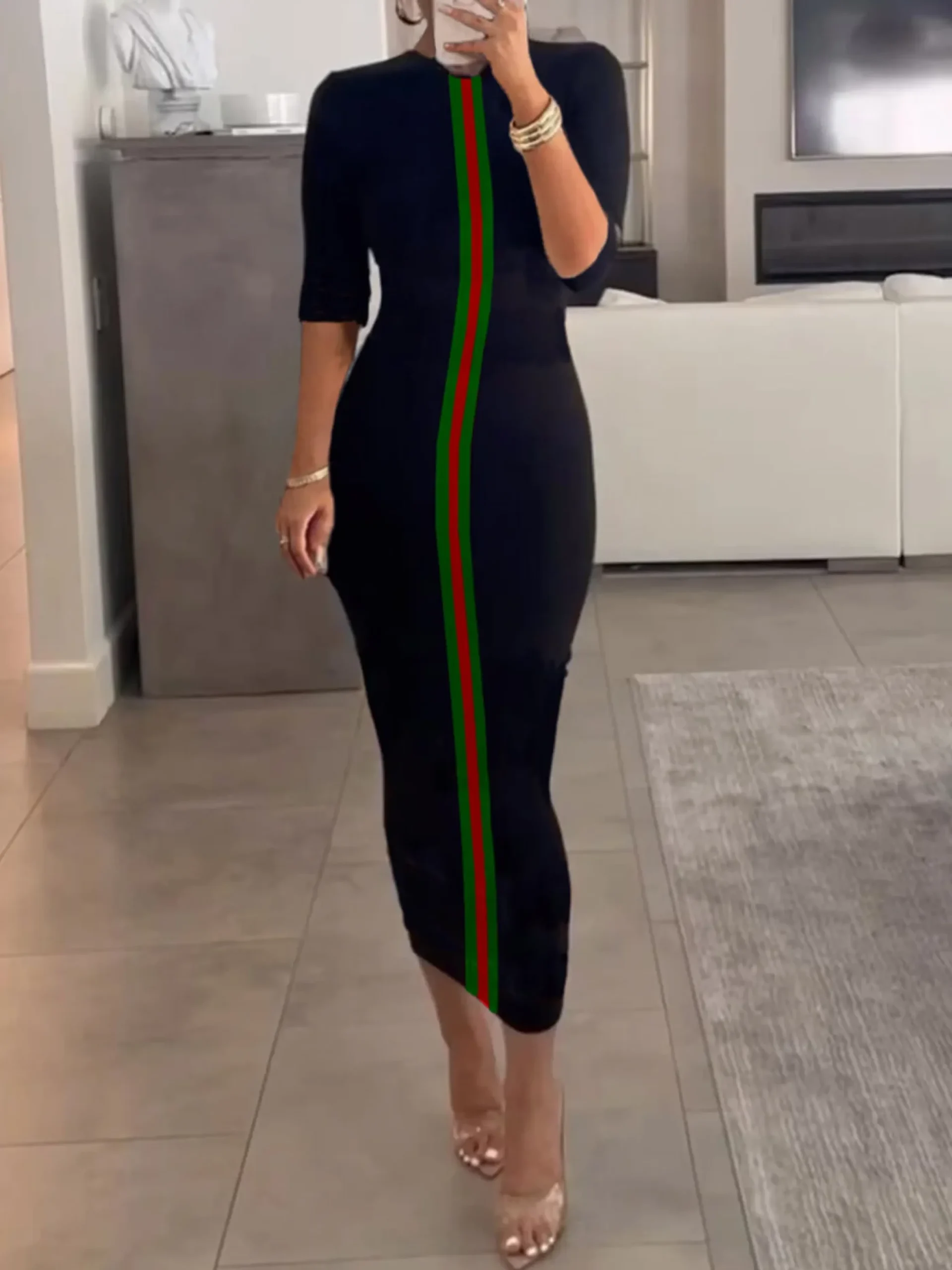 Casual Color Block Classic Tight Crew Neck Bodycon Dress