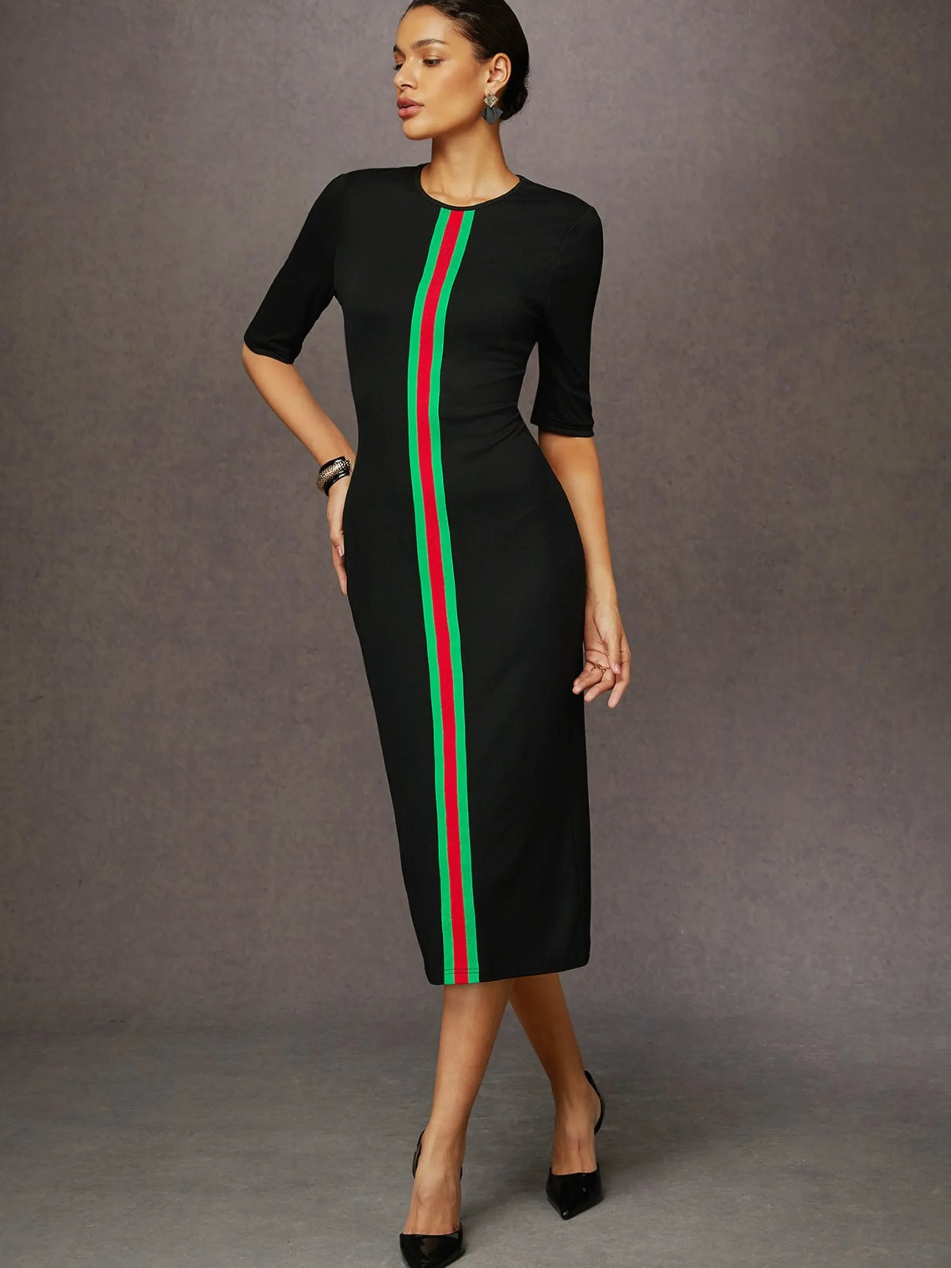 Casual Color Block Classic Tight Crew Neck Bodycon Dress