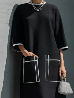 Casual Color Block Crew Neck Midi Dress