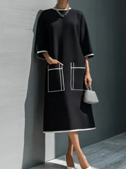 Casual Color Block Crew Neck Midi Dress