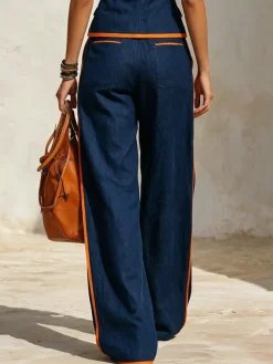Casual Color Block Loose Fit Wide Leg Pants