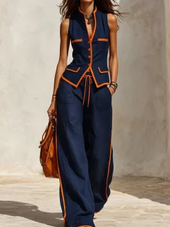 Casual Color Block Loose Fit Wide Leg Pants