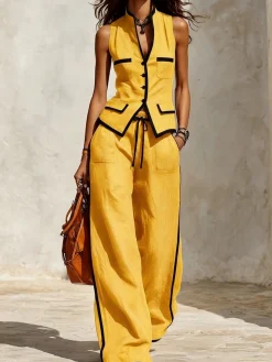 Casual Color Block Loose Fit Wide Leg Pants
