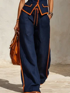 Casual Color Block Loose Fit Wide Leg Pants
