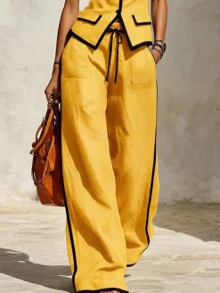 Casual Color Block Loose Fit Wide Leg Pants