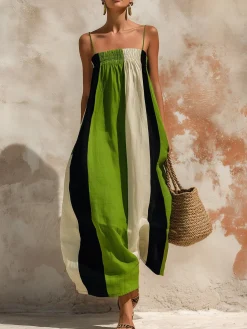 Casual Color Block Printing Spaghetti Maxi Dress