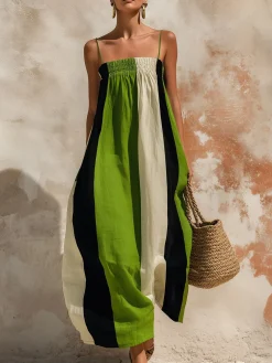 Casual Color Block Printing Spaghetti Maxi Dress