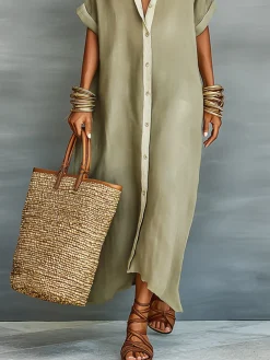 Casual Colorblock Relaxed Maxi Shirt Dress