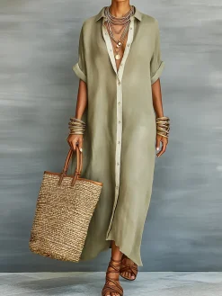 Casual Colorblock Relaxed Maxi Shirt Dress