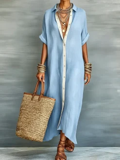 Casual Colorblock Relaxed Maxi Shirt Dress