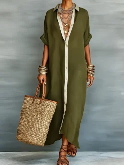 Casual Colorblock Relaxed Maxi Shirt Dress