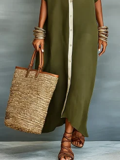 Casual Colorblock Relaxed Maxi Shirt Dress