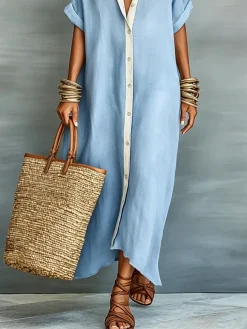 Casual Colorblock Relaxed Maxi Shirt Dress