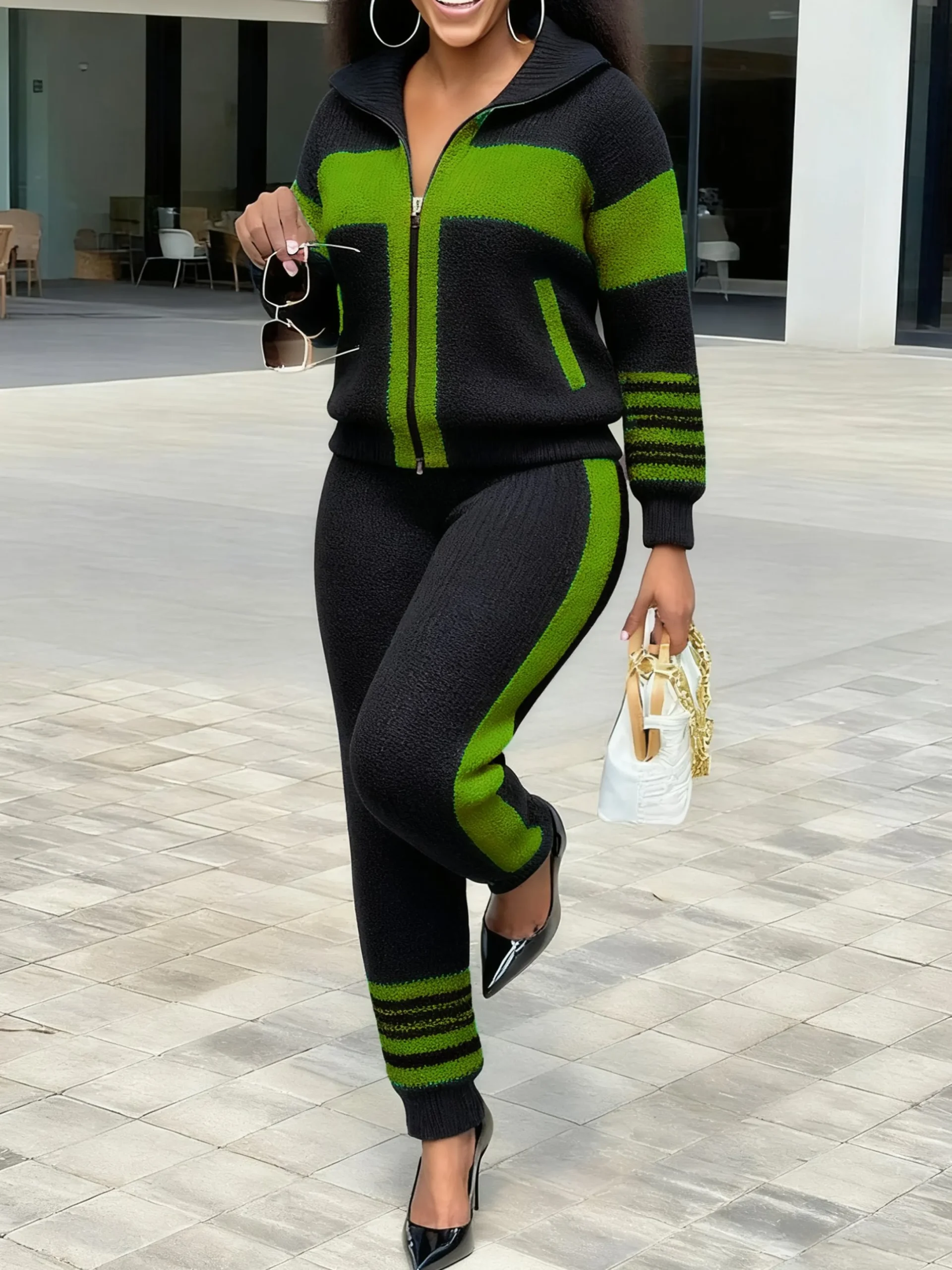 Casual Color Block Shawl Collar Sporty Cardigan