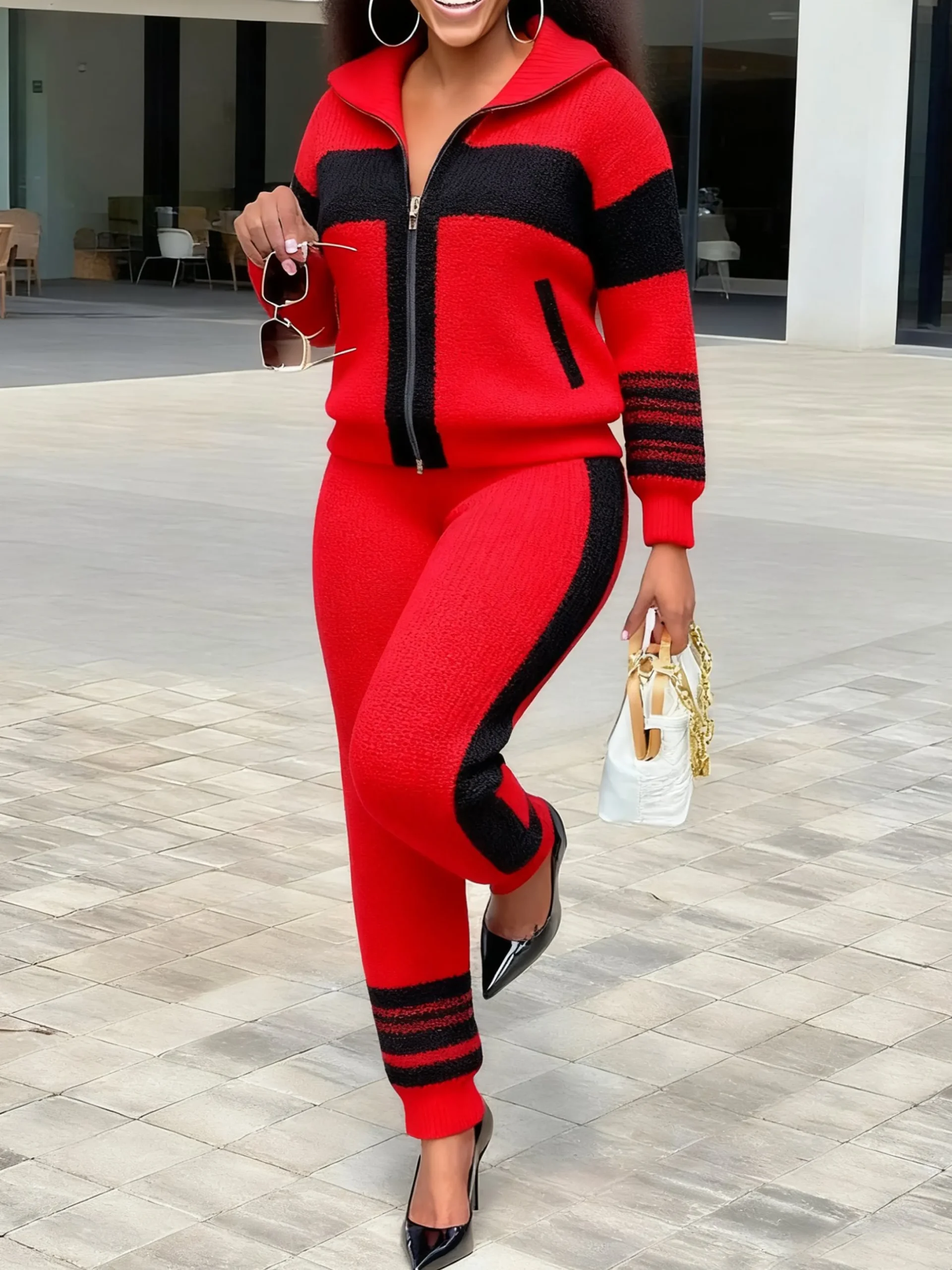 Casual Color Block Shawl Collar Sporty Cardigan