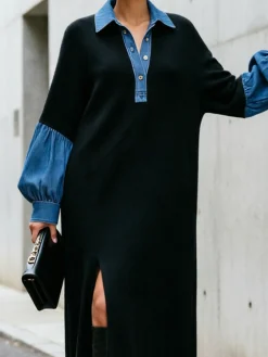 Casual Color Block Shirt Collar Maxi Dress