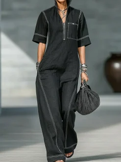 Casual Color Block Shirt Cotton And Linen Jumpsuit