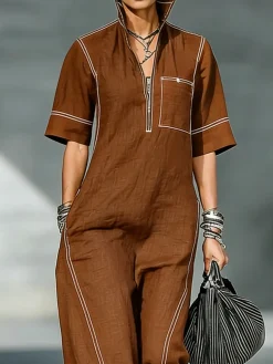 Casual Color Block Shirt Cotton And Linen Jumpsuit