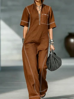 Casual Color Block Shirt Cotton And Linen Jumpsuit
