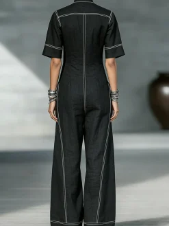 Casual Color Block Shirt Cotton And Linen Jumpsuit