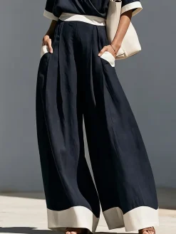 Casual Color Block Split Joint Wide Leg Pants