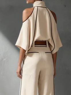 Casual Color Block Stand Collar Blouse