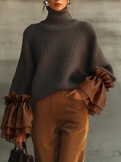 Casual Color Block Turtleneck Sweater with Sheer Ruffle Cuffs