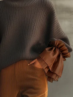 Casual Color Block Turtleneck Sweater with Sheer Ruffle Cuffs