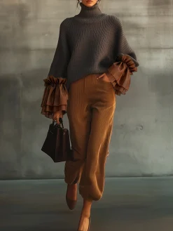Casual Color Block Turtleneck Sweater with Sheer Ruffle Cuffs