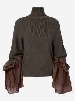 Casual Color Block Turtleneck Sweater with Sheer Ruffle Cuffs